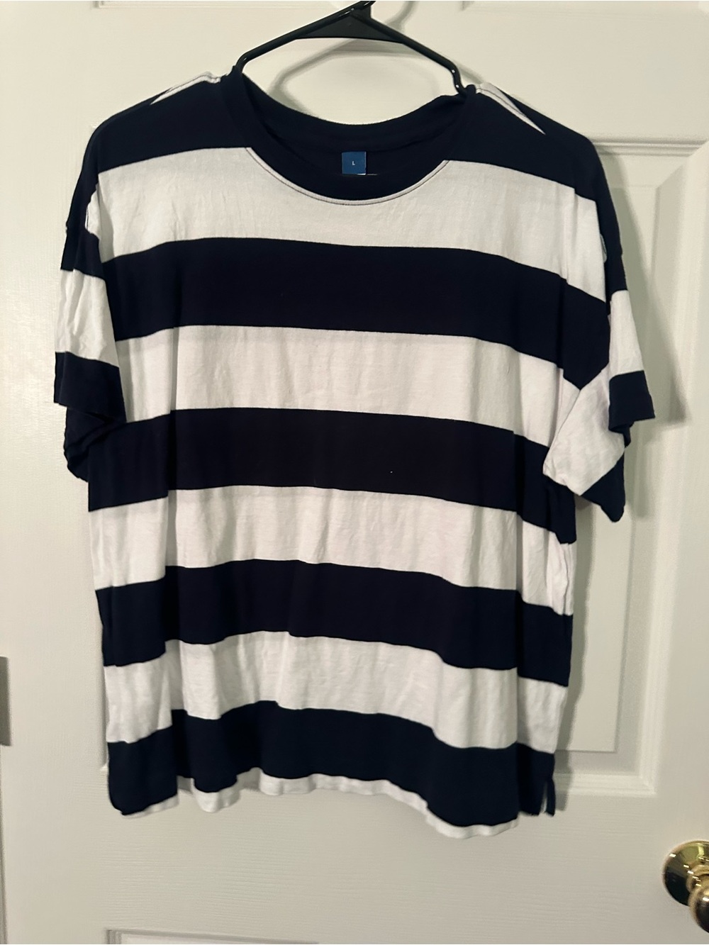 Womans Black and White Striped Short-Sleeve Shirt